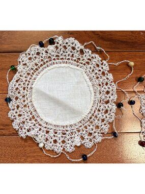 Handmade Crochet Doilies Beaded Edges Set 6" White Multicolor Beads